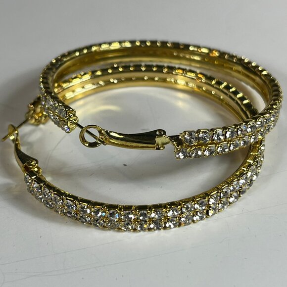 Swarovski Elements Women's Hoop Earrings Yellow Gold Crystals Two tiers - Picture 5 of 6